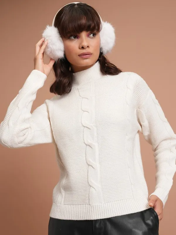 Tokyo Talkies Women White Mock Collar Sweaters
