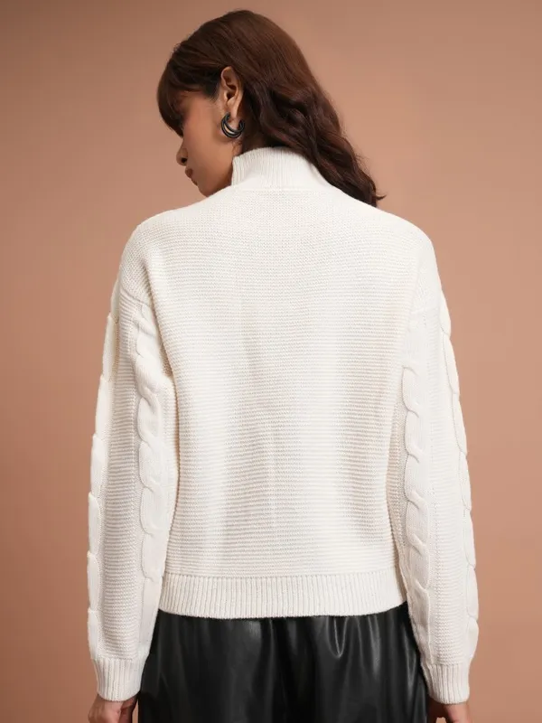  Tokyo Talkies Women White Mock Collar Sweaters