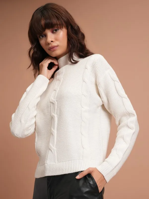  Tokyo Talkies Women White Mock Collar Sweaters