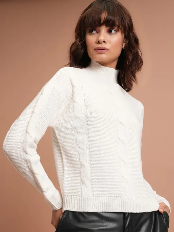  Tokyo Talkies Women White Mock Collar Sweaters