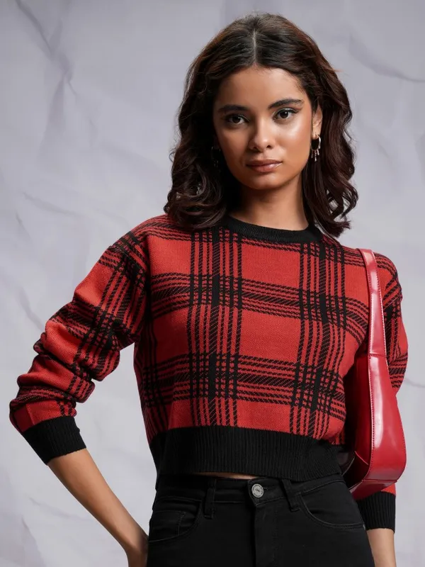 Tokyo Talkies Women Red Round Neck Sweater