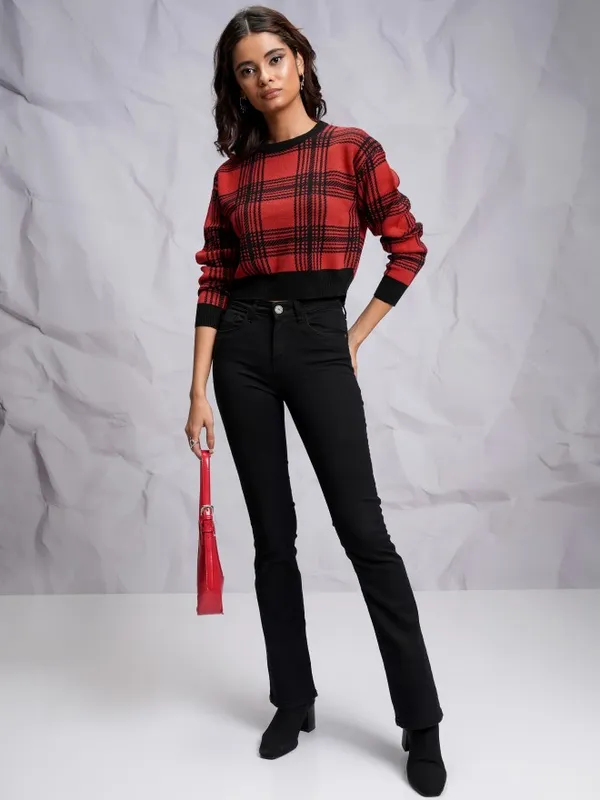 Tokyo Talkies Women Red Round Neck Sweater