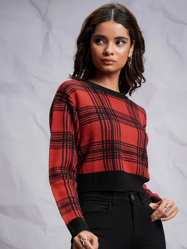 Tokyo Talkies Women Red Round Neck Sweater