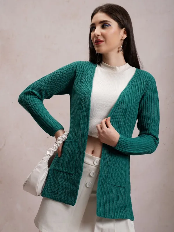 Tokyo Talkies Women Teal V Neck Sweaters