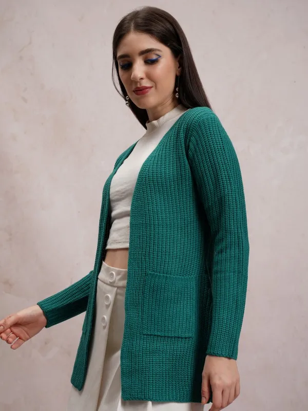 Tokyo Talkies Women Teal V Neck Sweaters