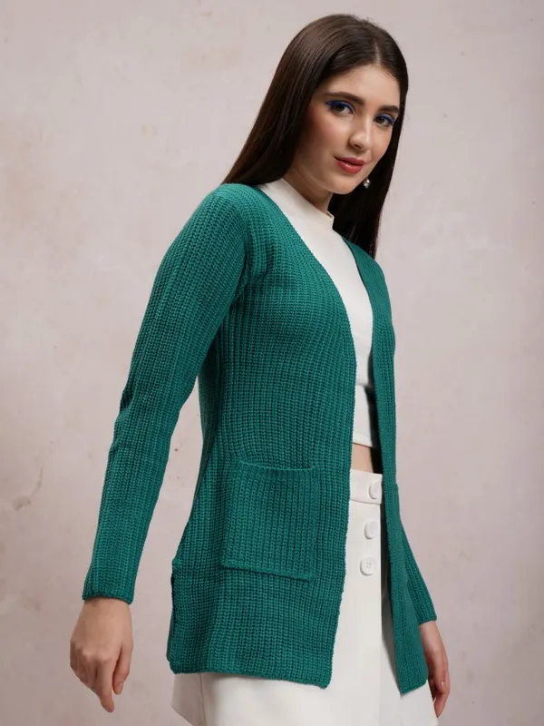 Tokyo Talkies Women Teal V Neck Sweaters