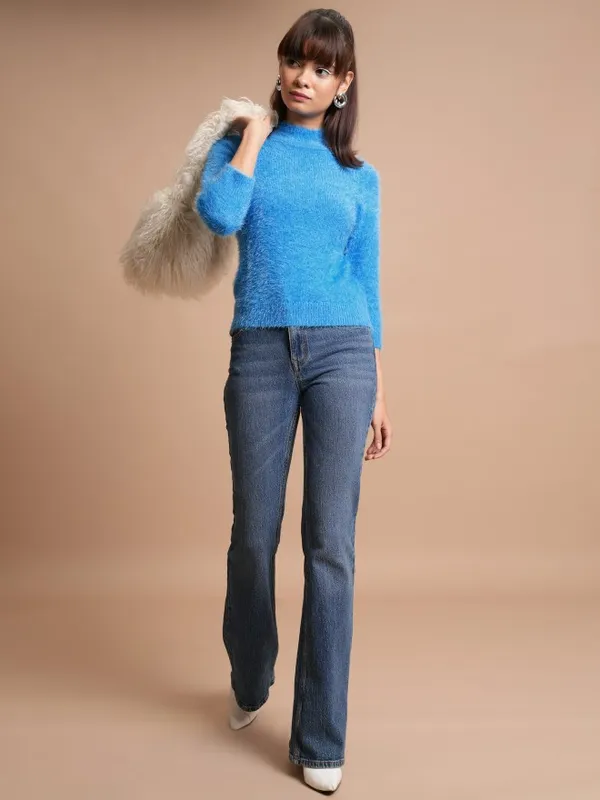  Tokyo Talkies Women Blue High Neck Sweaters