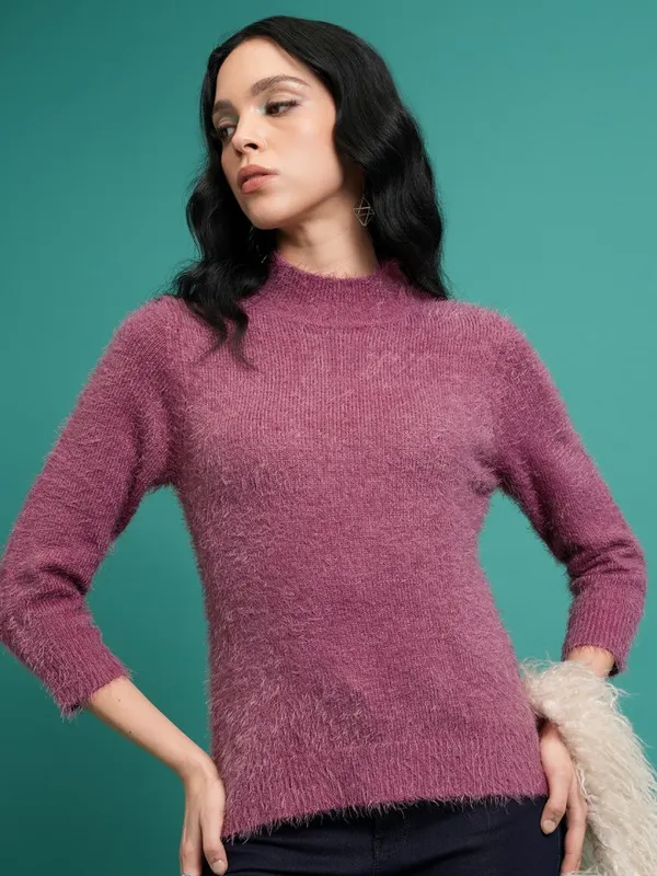 Tokyo Talkies Women Purple Mock Collar Sweaters