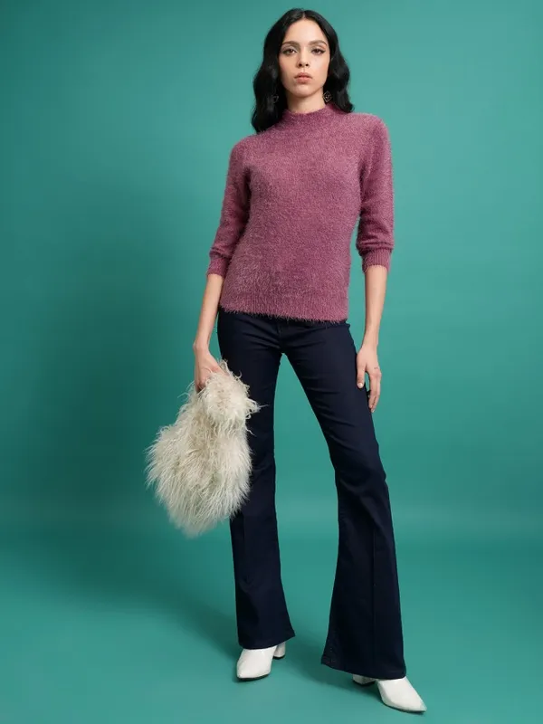 Tokyo Talkies Women Purple Mock Collar Sweaters