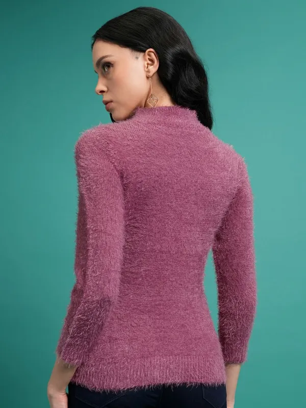 Tokyo Talkies Women Purple Mock Collar Sweaters