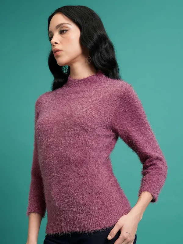 Tokyo Talkies Women Purple Mock Collar Sweaters