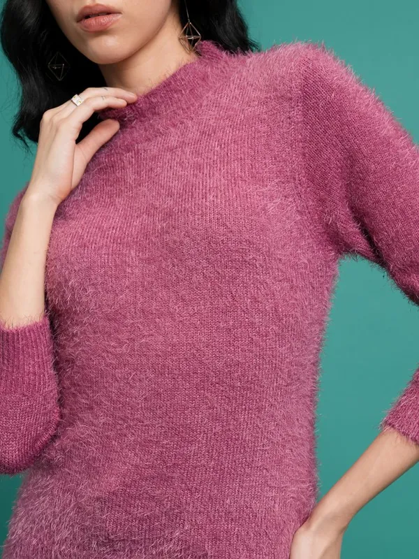 Tokyo Talkies Women Purple Mock Collar Sweaters