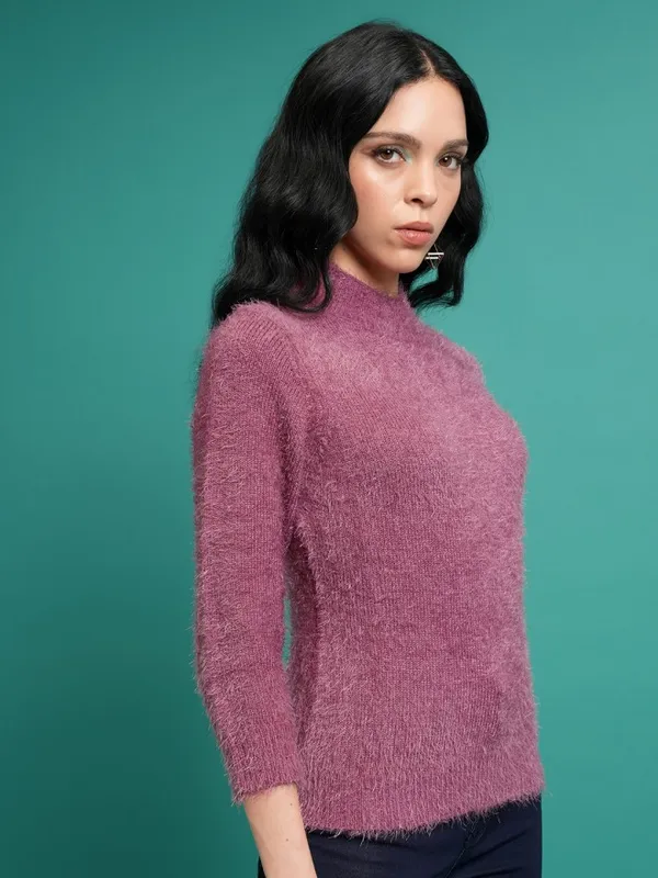 Tokyo Talkies Women Purple Mock Collar Sweaters