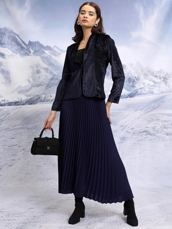 Tokyo Talkies Women Navy Blue Single-Breasted Blazer