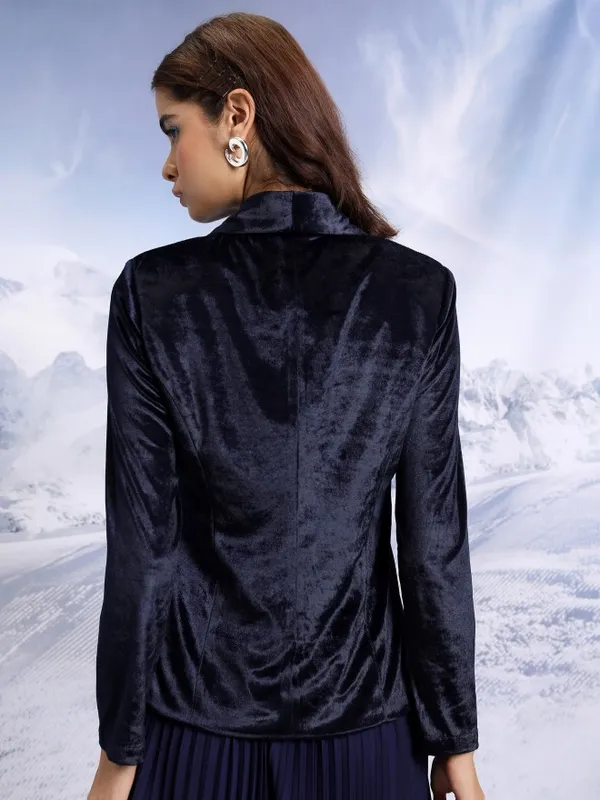 Tokyo Talkies Women Navy Blue Single-Breasted Blazer
