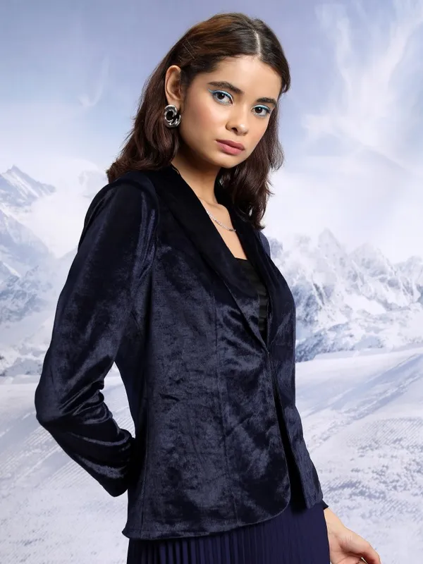 Tokyo Talkies Women Navy Blue Single-Breasted Blazer