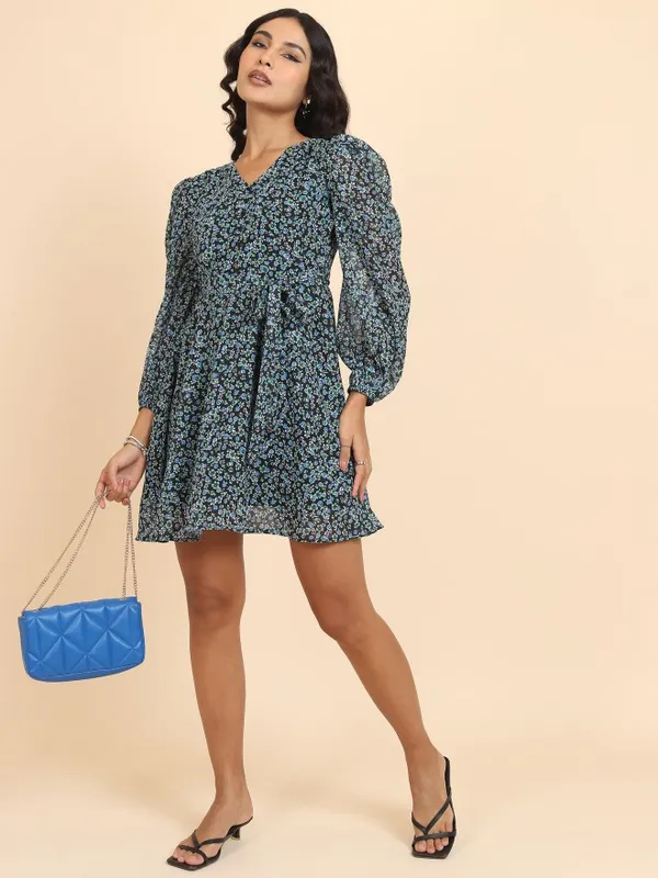 Tokyo Talkies Women Green Printed Fit And Flare Dress