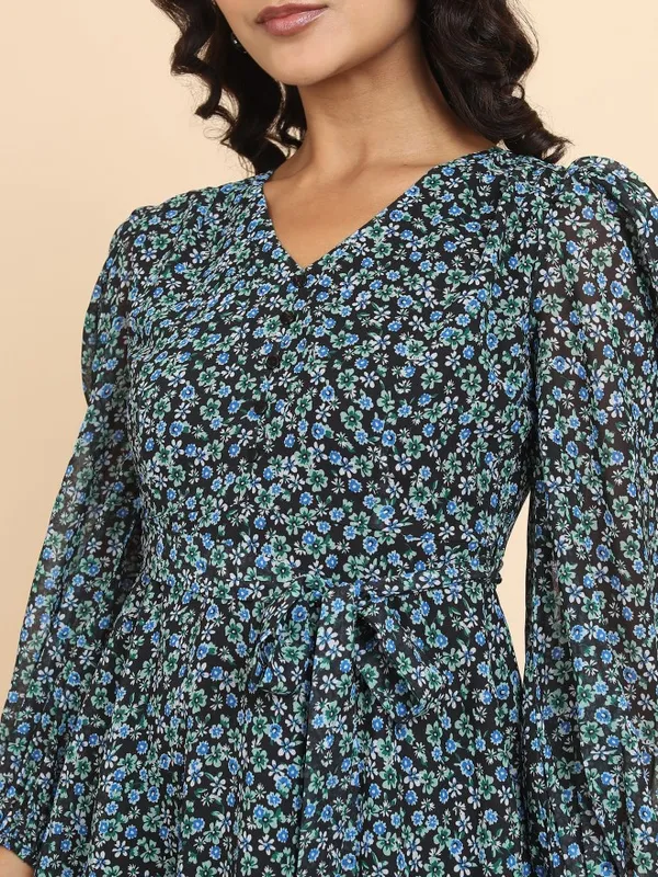 Tokyo Talkies Women Green Printed Fit And Flare Dress