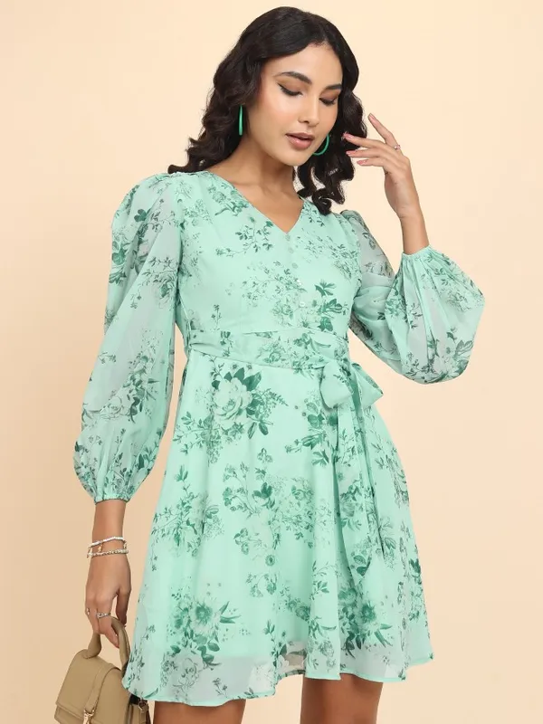 Tokyo Talkies Women Green Printed Fit And Flare Dress