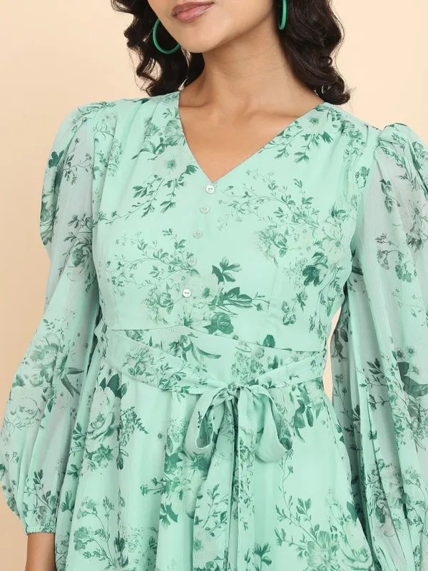 Tokyo Talkies Women Green Printed Fit And Flare Dress