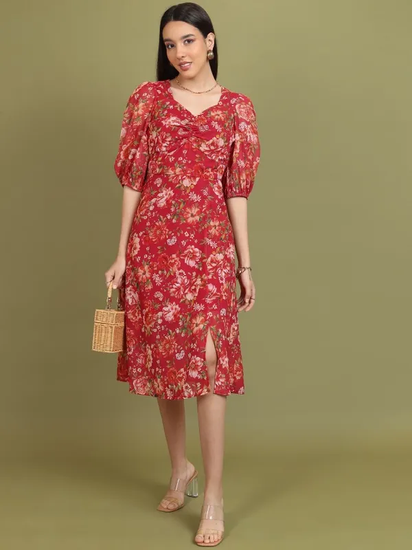 Tokyo Talkies Women Red Printed A-Line Dress