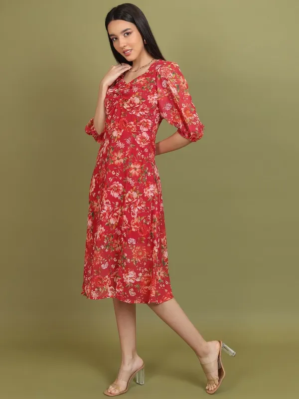 Tokyo Talkies Women Red Printed A-Line Dress