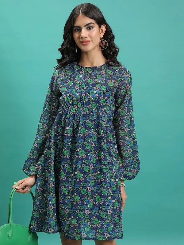 Tokyo Talkies Women Green Printed Fit And Flare Dress