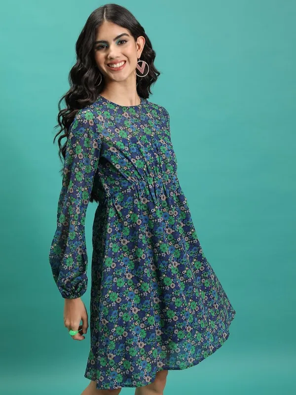 Tokyo Talkies Women Green Printed Fit And Flare Dress