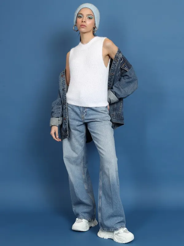 Tokyo Talkies Women White Round Neck Sweaters