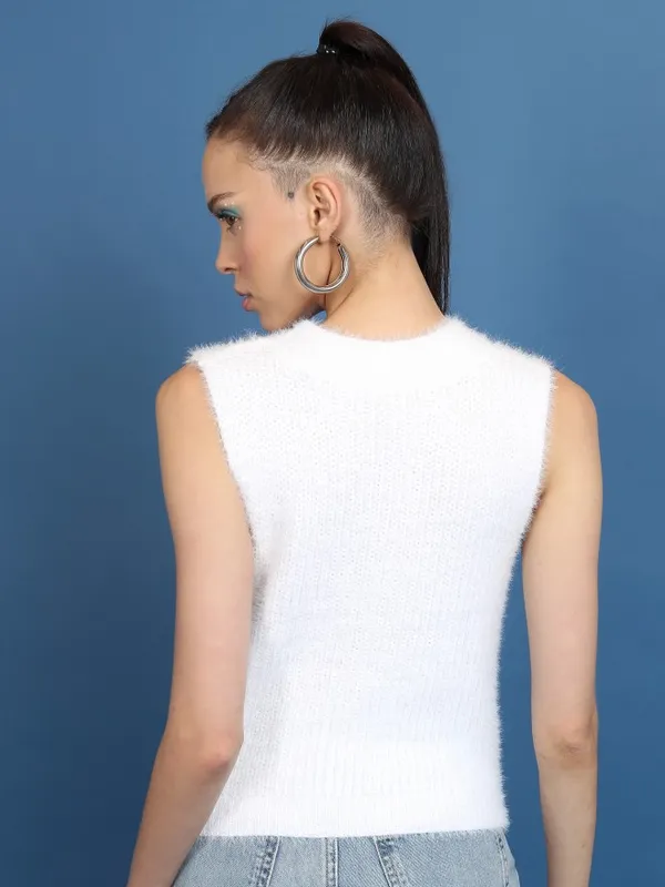 Tokyo Talkies Women White Round Neck Sweaters