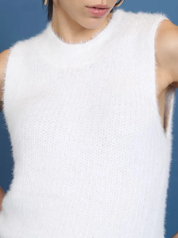 Tokyo Talkies Women White Round Neck Sweaters