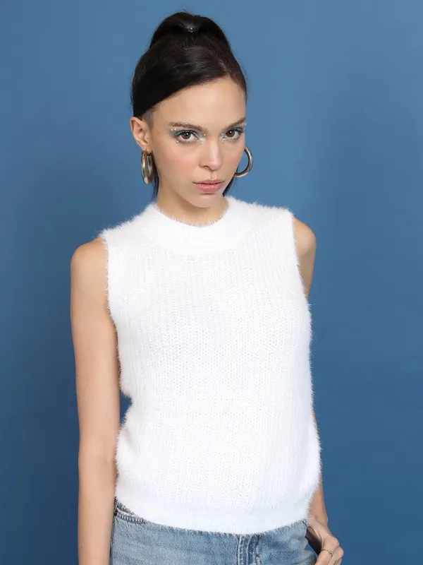 Tokyo Talkies Women White Round Neck Sweaters