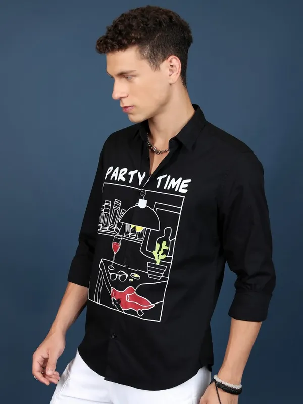  Ketch Men Black Printed Slim Fit Casual Shirts