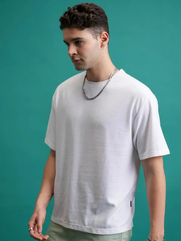  Ketch Men White Striped Round Neck T-Shirts
