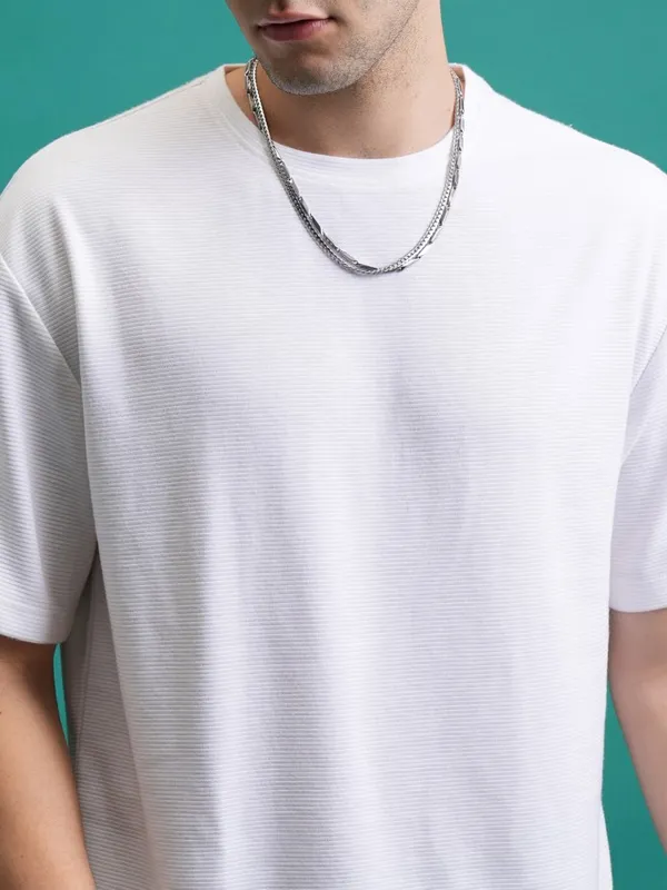  Ketch Men White Striped Round Neck T-Shirts
