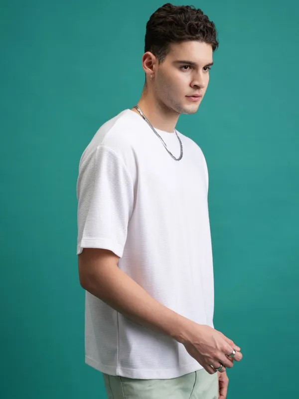  Ketch Men White Striped Round Neck T-Shirts