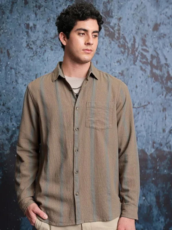  Locomotive Men Khaki Striped Regular Fit Casual Shirts