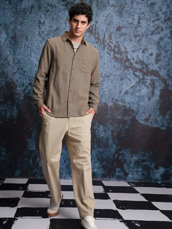  Locomotive Men Khaki Striped Regular Fit Casual Shirts