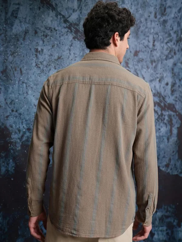  Locomotive Men Khaki Striped Regular Fit Casual Shirts