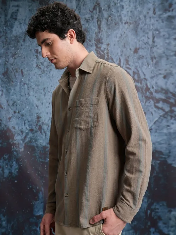 Locomotive Men Khaki Striped Regular Fit Casual Shirts