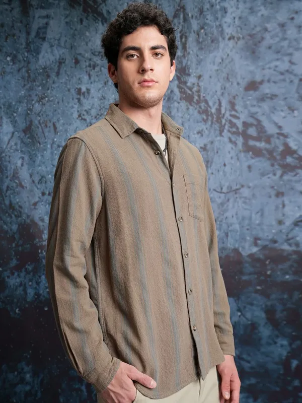  Locomotive Men Khaki Striped Regular Fit Casual Shirts