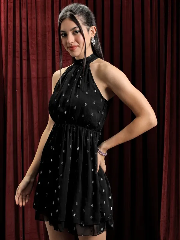  Tokyo Talkies Women Black Self Design A-Line Dresses