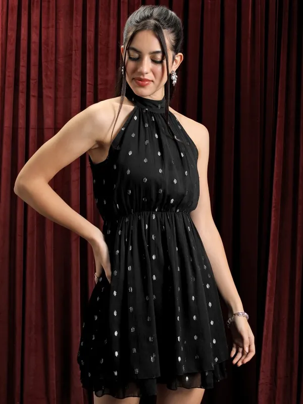  Tokyo Talkies Women Black Self Design A-Line Dresses