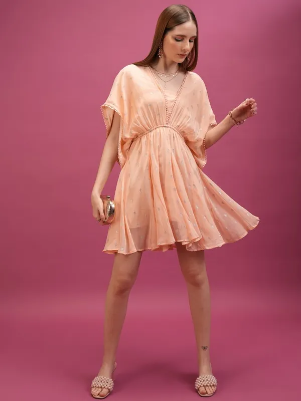 Tokyo Talkies Women Peach Self Design A-Line Dresses