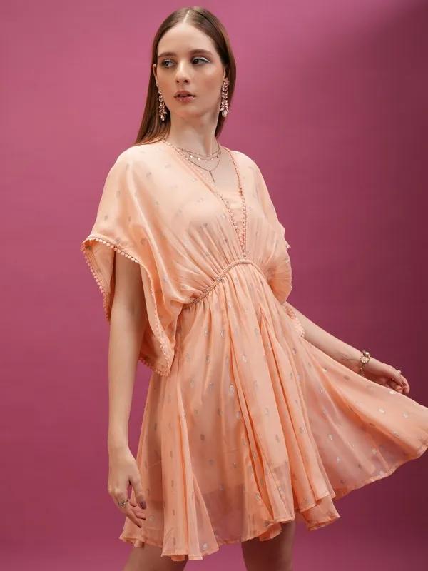 Tokyo Talkies Women Peach Self Design A-Line Dresses