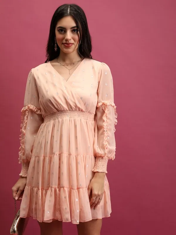 Tokyo Talkies Women Peach Self Design Wrap Dresses