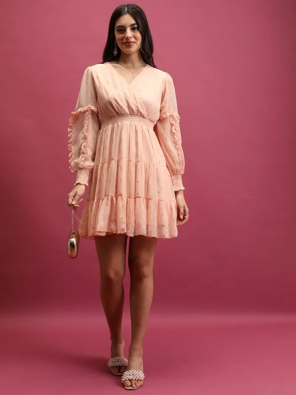 Tokyo Talkies Women Peach Self Design Wrap Dresses