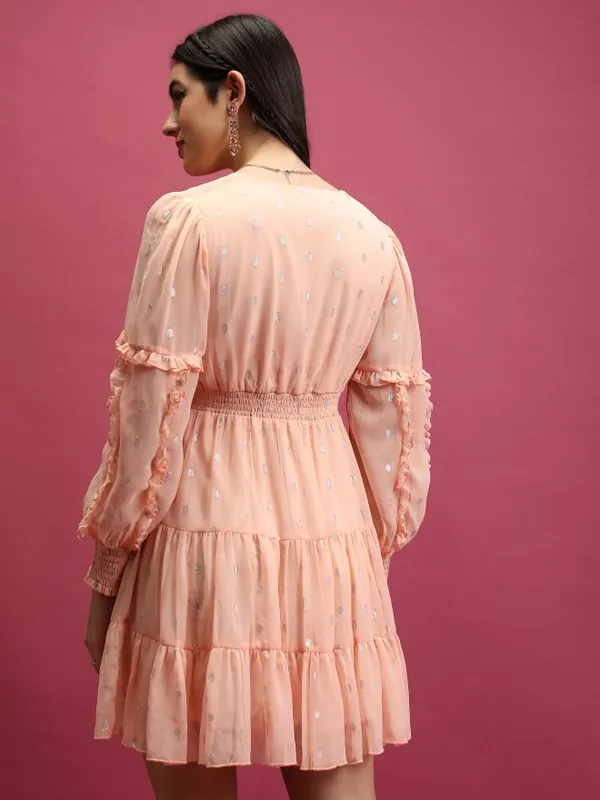 Tokyo Talkies Women Peach Self Design Wrap Dresses