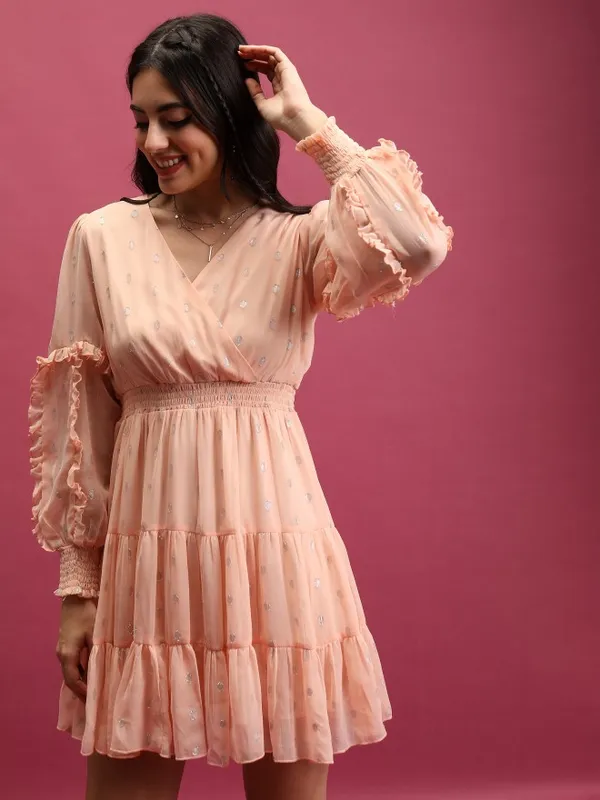 Tokyo Talkies Women Peach Self Design Wrap Dresses
