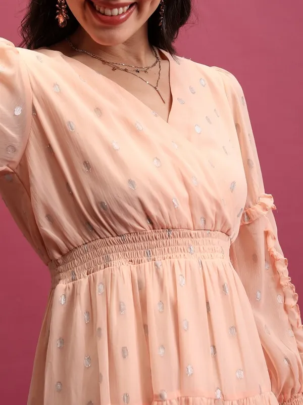 Tokyo Talkies Women Peach Self Design Wrap Dresses